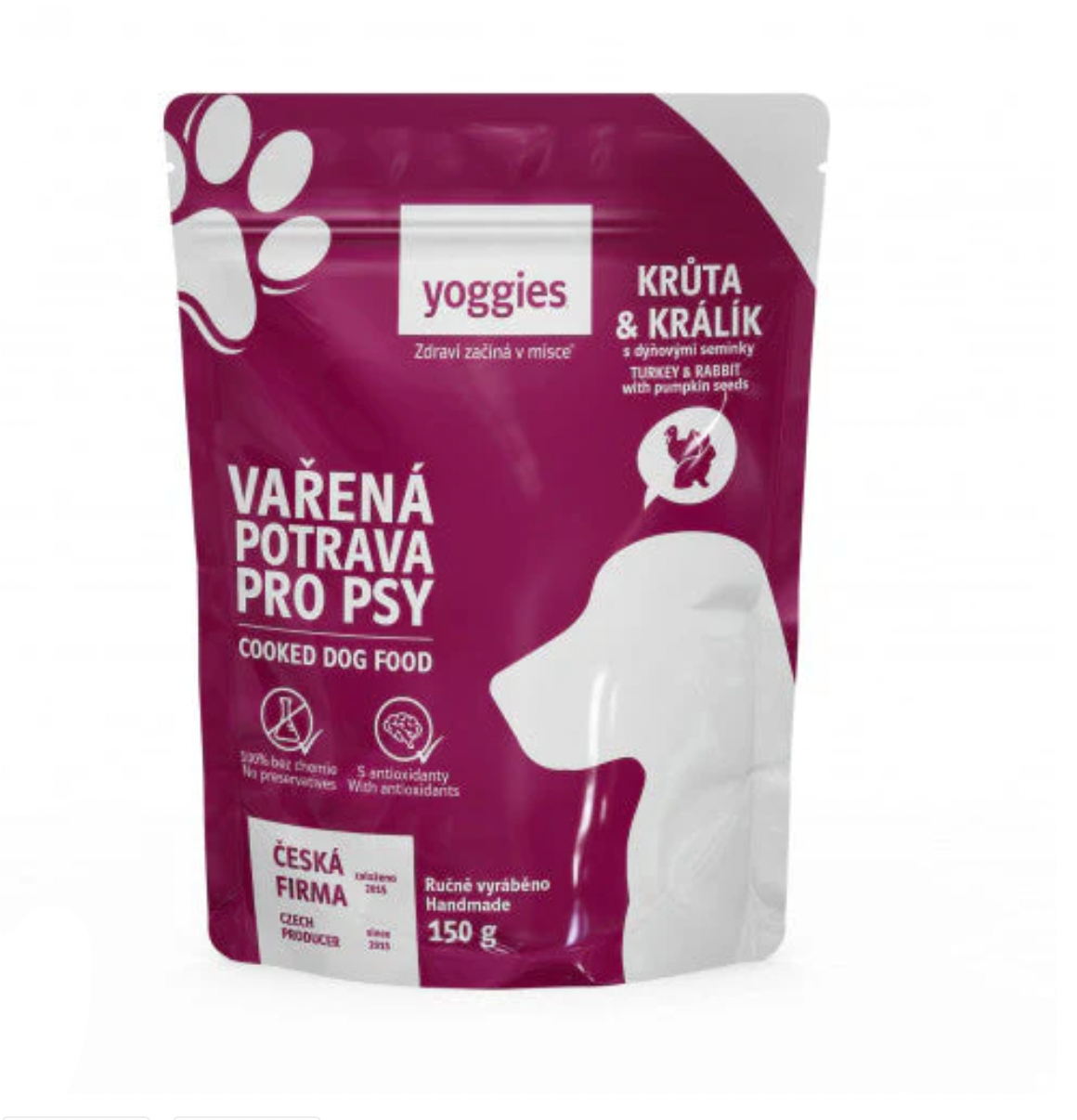 Yoggies Vařená potrava pro psy – krůtí a králičí maso s dýňovými semínky 150g
